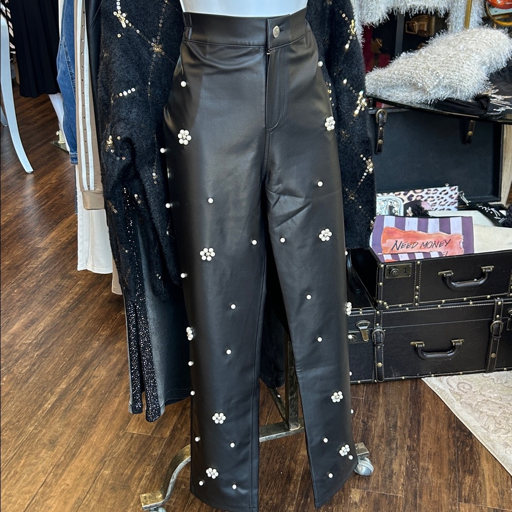 J-638 Black Polyurethane Pants with White Pearl Accents by TRICOTTO